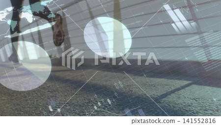 Walking man in dress pants carrying briefcase crossing office lobby by glass, financial overlays Walking man in dress pants carrying briefcase crossing office lobby by glass, financial overlays 141552816