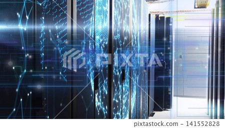 Displaying row of rack-mounted servers showing glowing blue LED network overlay in datacenter aisle 141552828