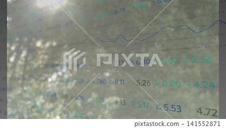 Displaying translucent line chart overlay filling center over trees and glare, showing teal tickers Displaying translucent line chart overlay filling center over trees and glare, showing teal tickers 141552871