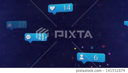 Floating cluster of blue notification bubbles with icons glowing over dark hex grid showing counts Floating cluster of blue notification bubbles with icons glowing over dark hex grid showing counts 141552874