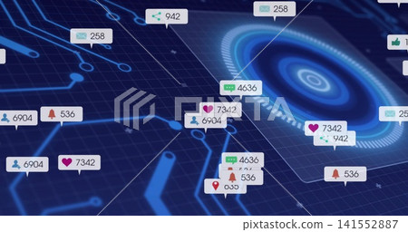 Pulsing concentric hub glowing over blue grid, linking neon traces, badges, counts, copy space Pulsing concentric hub glowing over blue grid, linking neon traces, badges, counts, copy space 141552887