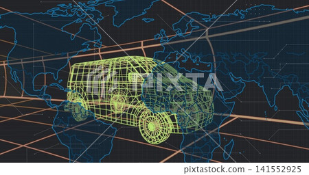 Displaying neon-green wireframe van floating over virtual global map, with orbital ring 141552925