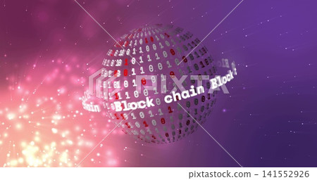 Rotating data sphere with binary digits in digital gradient space, Block chain band and lens-flare Rotating data sphere with binary digits in digital gradient space, Block chain band and lens-flare 141552926