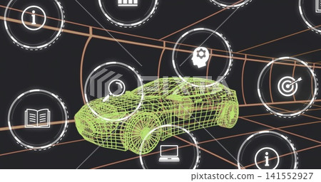 Displaying neon-green wireframe car model rotating in workspace, showing UI icons and orange grid 141552927