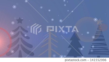 Displaying stylized conifer trees across winter gradient sky, with snowflakes, bokeh and warm flare Displaying stylized conifer trees across winter gradient sky, with snowflakes, bokeh and warm flare 141552996