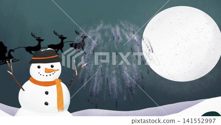 Smiling snowman in black hat orange scarf under full moon, watching flying sleigh, purple fireworks 141552997