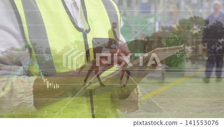 Monitoring man in hi-vis vest, white shirt tapping tablet at grassy field with horse, data overlay Monitoring man in hi-vis vest, white shirt tapping tablet at grassy field with horse, data overlay 141553076
