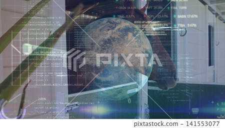 Displaying translucent Earth globe hovering over stable interior, with code overlays, horse head Displaying translucent Earth globe hovering over stable interior, with code overlays, horse head 141553077