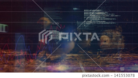 Displaying financial charts and code overlays in dim workspace with red and blue line graphs +6 Displaying financial charts and code overlays in dim workspace with red and blue line graphs +6 141553078