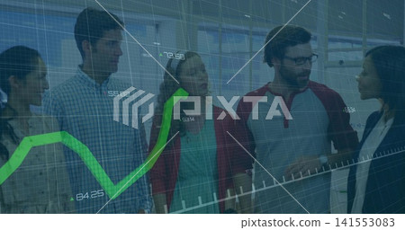 Four colleagues discussing in conference room, wearing business attire, showing green chart overlay Four colleagues discussing in conference room, wearing business attire, showing green chart overlay 141553083