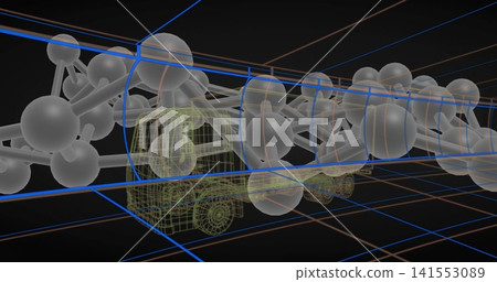 Rotating translucent molecular chain intersecting yellow wireframe truck in 3D viewport, grid lines Rotating translucent molecular chain intersecting yellow wireframe truck in 3D viewport, grid lines 141553089