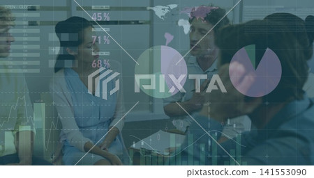 Leading speaker gesturing while team in shirts and blouses at meeting table, with charts and laptop 141553090