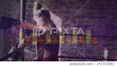 Leaning female boxer pausing on ropes at gym, wearing sports bra, hand wraps and data overlay Leaning female boxer pausing on ropes at gym, wearing sports bra, hand wraps and data overlay 141553091
