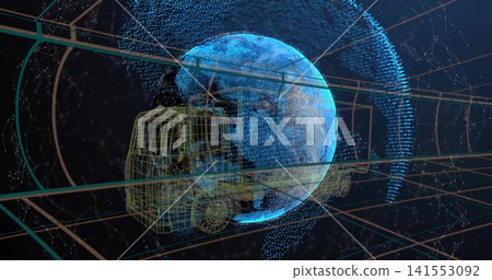 Showing wireframe truck overlaying glowing Earth globe inside 3D grid tunnel, with network nodes Showing wireframe truck overlaying glowing Earth globe inside 3D grid tunnel, with network nodes 141553092