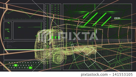Rendering 3D wireframe truck cab and chassis moving on telemetry dashboard, with HUD windows Rendering 3D wireframe truck cab and chassis moving on telemetry dashboard, with HUD windows 141553105