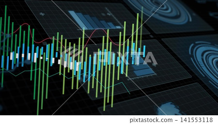 Floating centered multiseries bars hovering at dark UI, showing candle blocks and red cyan lines Floating centered multiseries bars hovering at dark UI, showing candle blocks and red cyan lines 141553118