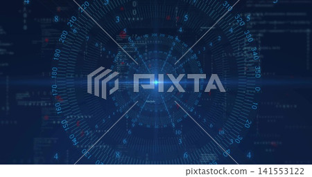 Showing HUD glowing on navy field, displaying central blue core, rings, radial ticks, code panels Showing HUD glowing on navy field, displaying central blue core, rings, radial ticks, code panels 141553122