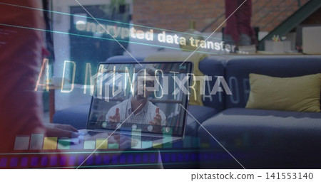 Viewing user in red top typing on laptop at home with ADMINISTRATOR encrypted-data-transfer overlay Viewing user in red top typing on laptop at home with ADMINISTRATOR encrypted-data-transfer overlay 141553140