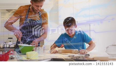 Mixing father in striped apron at kitchen, son rolling dough with wooden pin, digital overlay Mixing father in striped apron at kitchen, son rolling dough with wooden pin, digital overlay 141553143