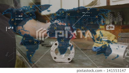 Turning wrench, mechanic wearing dark shirt tightening flange on workbench, with hex grid overlay 141553147