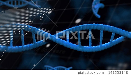Displaying prominent blue DNA helix rotating in lab UI, showing gridlines, dotted map, particles Displaying prominent blue DNA helix rotating in lab UI, showing gridlines, dotted map, particles 141553148