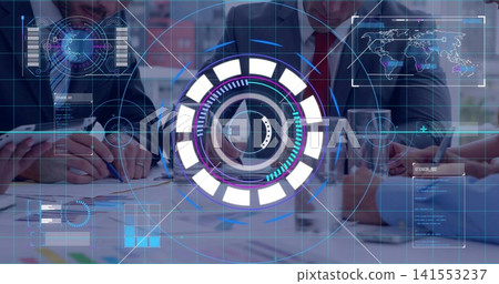 Projecting AR circular interface over meeting table at office, showing reports, pens, suit or tie Projecting AR circular interface over meeting table at office, showing reports, pens, suit or tie 141553237