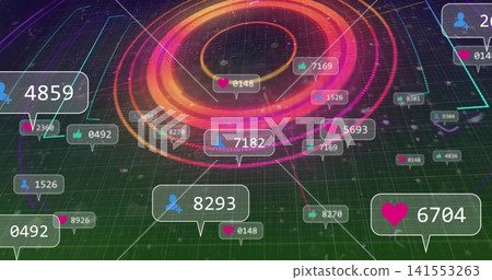 Glowing neon rings and translucent callouts forming green grid plane, with numeric counters, icons Glowing neon rings and translucent callouts forming green grid plane, with numeric counters, icons 141553263