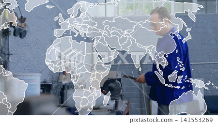 Grinding worker in blue jacket safety glasses shaping rod at bench grinder, map overlay, copy space Grinding worker in blue jacket safety glasses shaping rod at bench grinder, map overlay, copy space 141553269