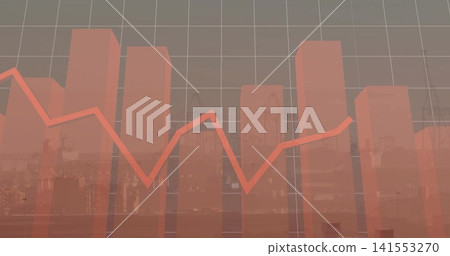 Displaying translucent orange-red bar chart with zigzag trend line over harbor cranes and ships 141553270