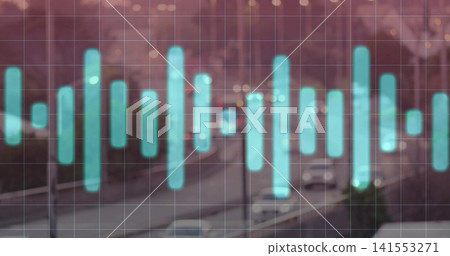 Overlaying turquoise waveform with rounded bars pulsing across center over urban roadway dusk, grid Overlaying turquoise waveform with rounded bars pulsing across center over urban roadway dusk, grid 141553271