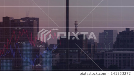 Displaying skyline through window mullion at dusk from office, with red-blue charts and grid Displaying skyline through window mullion at dusk from office, with red-blue charts and grid 141553272