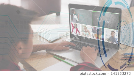 Typing child in red plaid leaning toward laptop at home desk, with fingerprint graphic, copy space Typing child in red plaid leaning toward laptop at home desk, with fingerprint graphic, copy space 141553273