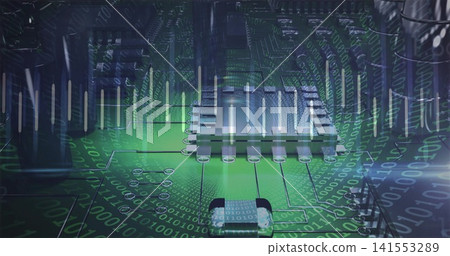 Glowing central metallic integrated circuit sending signals across green PCB, with binary overlay Glowing central metallic integrated circuit sending signals across green PCB, with binary overlay 141553289