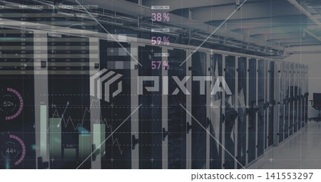 Showing server racks streaming HUD analytics in data center corridor, with LED status lights 141553297