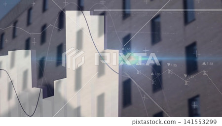 Showing white 3D bar chart overlaying urban office facade, with blue line graphs, numeric markers Showing white 3D bar chart overlaying urban office facade, with blue line graphs, numeric markers 141553299