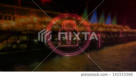 Glowing neon padlock icon with concentric rings hovering over night waterfront, showing reflections Glowing neon padlock icon with concentric rings hovering over night waterfront, showing reflections 141553300