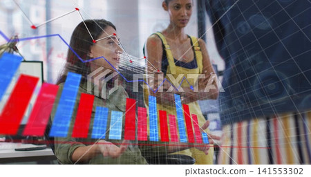 Talking analyst in olive-green-shirt speaking, gesturing at 3D bar chart and line graphs in office Talking analyst in olive-green-shirt speaking, gesturing at 3D bar chart and line graphs in office 141553302