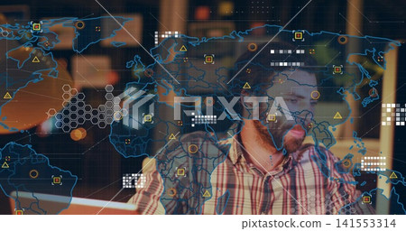 Analyzing man in plaid shirt studying computer screen at desk, with holographic map, copy space Analyzing man in plaid shirt studying computer screen at desk, with holographic map, copy space 141553314