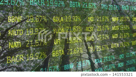 Blending tall deciduous tree trunks and dense canopy in wooded forest, with translucent ticker text Blending tall deciduous tree trunks and dense canopy in wooded forest, with translucent ticker text 141553321