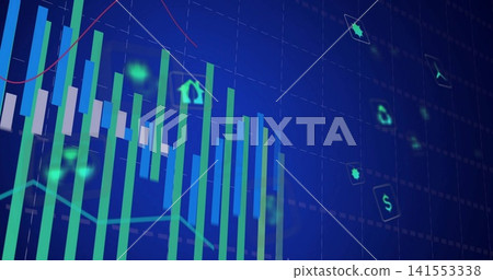 Showing green-blue bars rising on screen with candles, cyan-red lines, dashed grid, floating icons Showing green-blue bars rising on screen with candles, cyan-red lines, dashed grid, floating icons 141553338