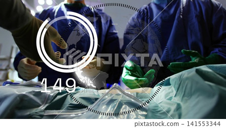 Operating surgical team handling tools in operating room, wearing blue gowns, green gloves, HUD149 Operating surgical team handling tools in operating room, wearing blue gowns, green gloves, HUD149 141553344