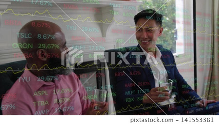 Talking two men holding glasses in lounge, wearing pink shirt, dark jacket, showing market data Talking two men holding glasses in lounge, wearing pink shirt, dark jacket, showing market data 141553381