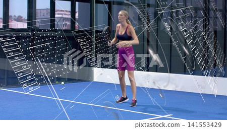 Training woman doing footwork on blue court in black top, magenta shorts, tennis balls, AR panels Training woman doing footwork on blue court in black top, magenta shorts, tennis balls, AR panels 141553429