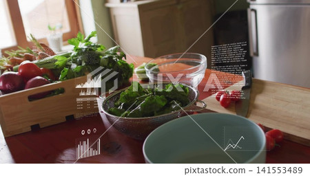 Sitting steel colander holding washed leafy greens on home kitchen counter, with data overlays 141553489
