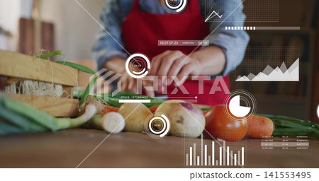 Chopping red-aproned woman slicing green onions and turnips on wooden counter, wooden crate and HUD Chopping red-aproned woman slicing green onions and turnips on wooden counter, wooden crate and HUD 141553495