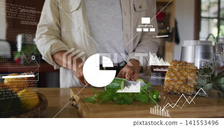 Slicing woman in beige overshirt, grey tee chopping greens at kitchen counter with knife, holograms Slicing woman in beige overshirt, grey tee chopping greens at kitchen counter with knife, holograms 141553496