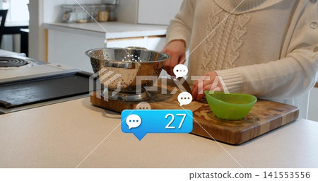 Preparing woman wearing cream sweater chopping on kitchen counter, cutting board knife bowl chat 27 Preparing woman wearing cream sweater chopping on kitchen counter, cutting board knife bowl chat 27 141553556