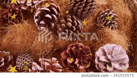 Showing pine cone cluster with frosted tips on coarse fiber at tabletop, with gold star confetti Showing pine cone cluster with frosted tips on coarse fiber at tabletop, with gold star confetti 141553573
