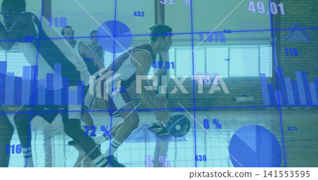 Dribbling male basketball player in jersey crouching on gym court holding ball and data overlay Dribbling male basketball player in jersey crouching on gym court holding ball and data overlay 141553595