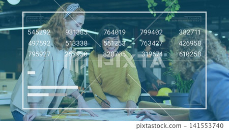 Discussing team of four wearing smart casual in open office, examining large layouts with AR HUD Discussing team of four wearing smart casual in open office, examining large layouts with AR HUD 141553740